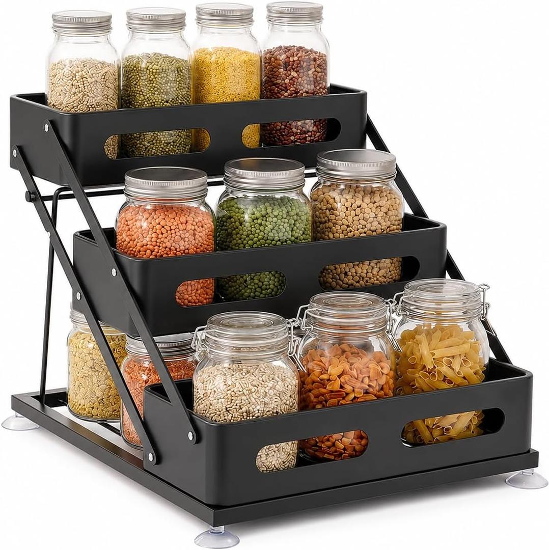 3-Tier Vertical Spice Rack Organizer for Cabinet, Adjustable Height (10.04-10.83in) Coated Iron Kitchen Pantry Shelf, Heavy Duty 30lbs Capacity Space Saver for RV & Small Apartment, No Assembly