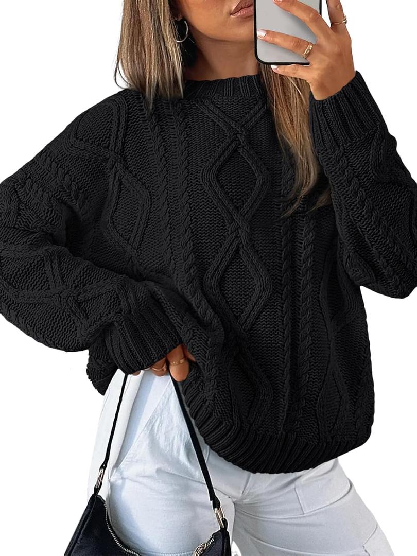 Trendy Queen Women's Oversized Cable Knit Crewneck Sweaters (Medium, Black)