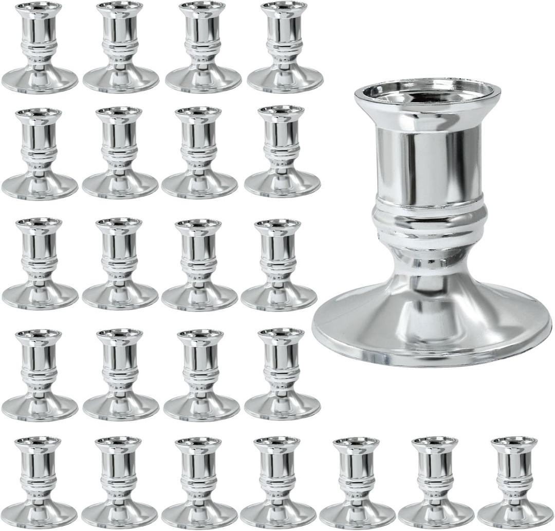 24 x Hordion 24Pcs Taper Candle Holder Silver Plastic Candlestick Holders Decorative Table Centerpiece for Wedding Candlelight Dinner Bridal Showers Party Decor