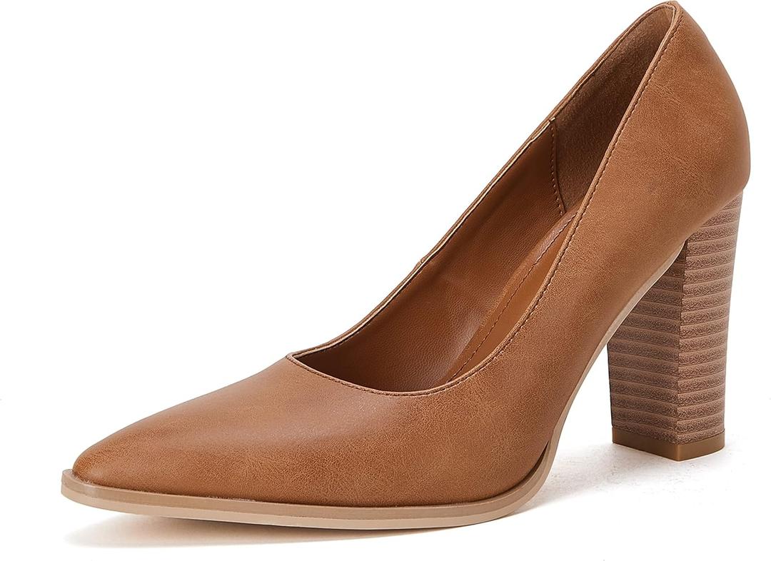 LAICIGO Women's Pointed Toe Pumps Chunky Block High Heel Slip On Dress Party Wedding Shoes (7, Brown)
