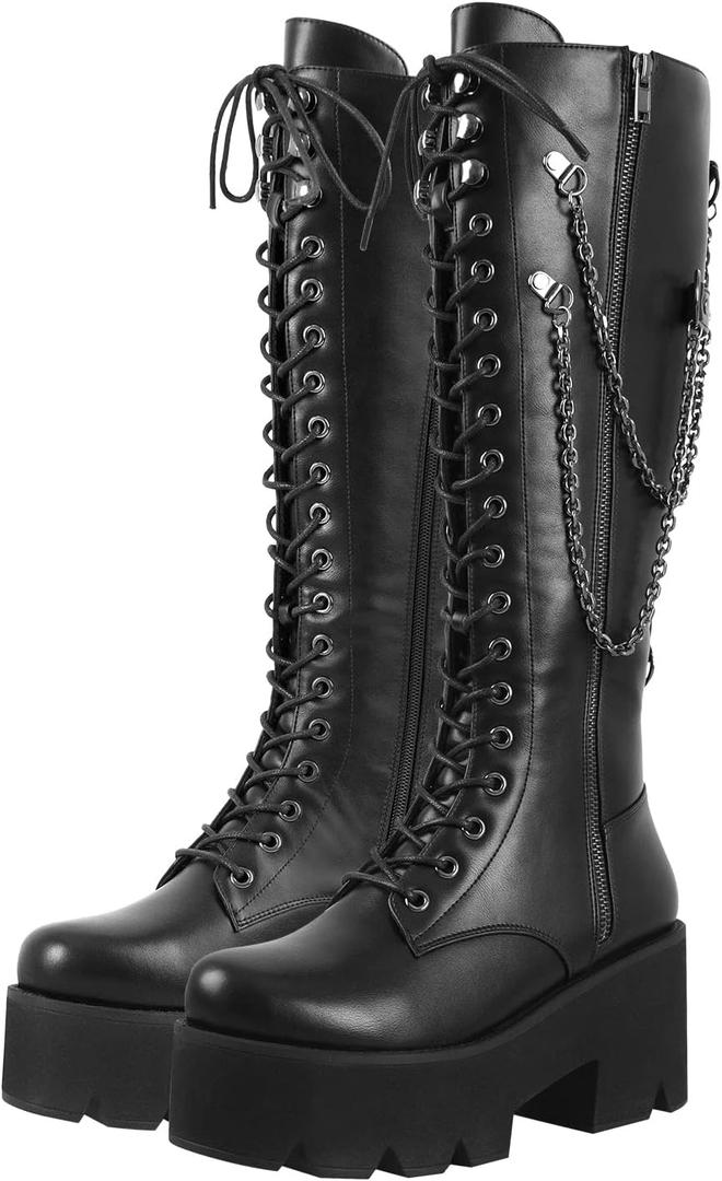 LISHAN Women's Platform Boots Motorcycle Punk Combat Gothic Lace Up Zipper Knee High Black Boots (12)