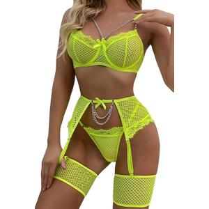 Aranmei Women’s Sexy Eyelash Fishnet Lingerie Set Chain Babydoll Underwire Bra and Panty Sets with Garter Belt 4 Pieces XL