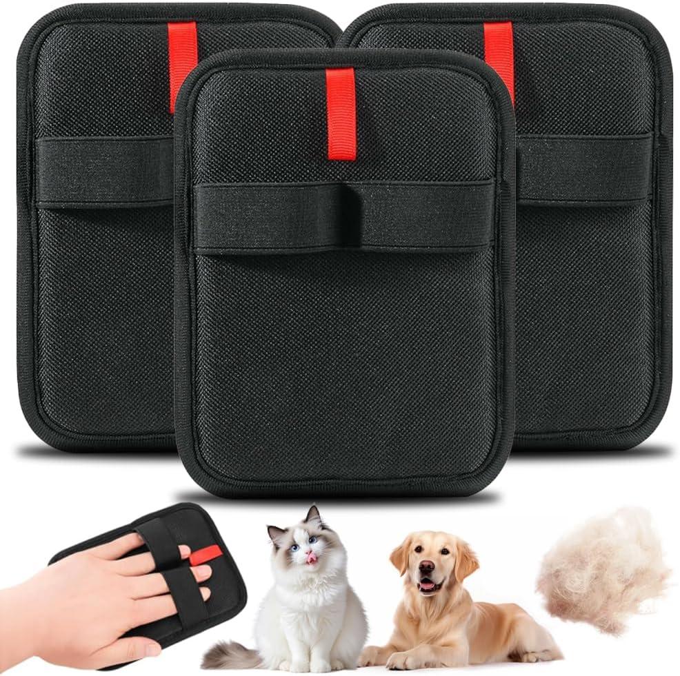 Pet Hair Removal Gloves 3 Pack  Reusable Electrostatic Pet Hair Remover Tool for Cats & Dogs, Ideal for Sofa, Clothes, Bed Sheets, Carpet, Car Seat, Multi-Surface Grooming Glove, Black, 5.1x6.7in
