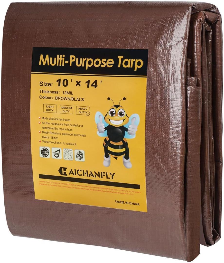 Heavy Duty Double-Sided Waterproof Poly Tarp 10x14 Feet 12mil Thick Polyethylene Tarps, Perfect for Outdoor Use, Plastic Cover & Mat for Tent Camping Storage Boat Bikes Vehicles