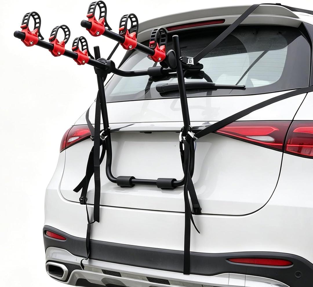 BeBecome Bike Rack for Car, 3 Bike Trunk Mounted Bike Rack for SUV, Car Bike Rack with Foldable Frame, Anti-Scratch Foam Padding and Secure Straps, Fits Sedan Hatchback Minivan