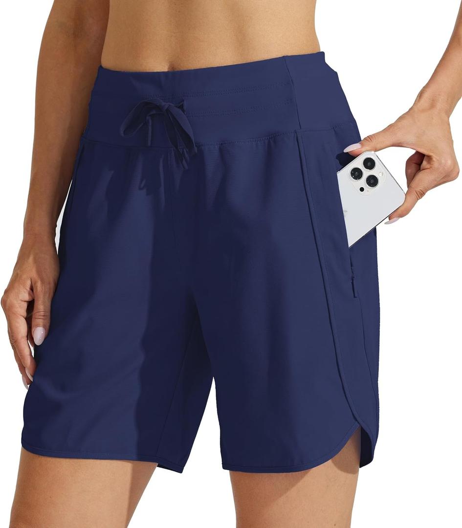 Willit Women's 7" Athletic Running Shorts Long Workout Hiking Shorts Quick Dry High Waisted Active Zipper Pocket (X-Large, Navy Blue)