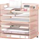 Daltack 6 Tier Paper Organizer for Desk, Paper Letter Tray Organizer for Desks, Mesh Desk File Organizers with Handle for Office, Home, School, Rose Gold