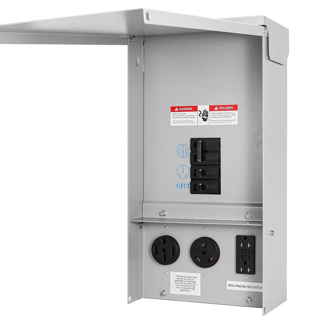 RV Electrical Outlet Panel with Breaker Temporary Power Outlet Panel RV Circuit Breaker Box with 20,30,50-Amp Receptacle Installed Weatherproof RV Power Outlet Box