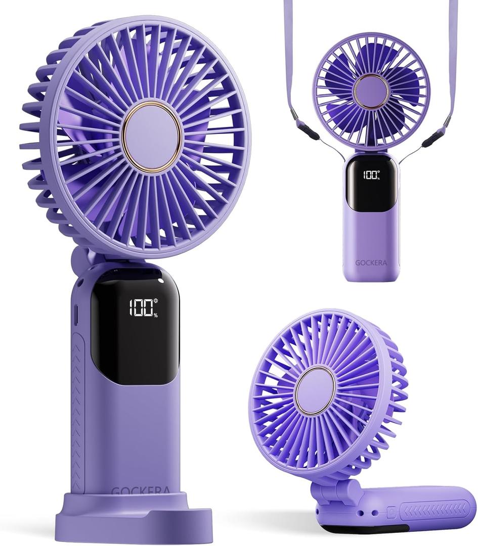 GOCKERA Portable Fan, 4200mAh Battery Operated Fan, 5 Speeds&Digital Display, Makeup Fans for Women with Base, 180Foldable 3in1 Handheld/Neck/Desk Fan for Outdoor Indoor,Ultra Quiet (Purple)