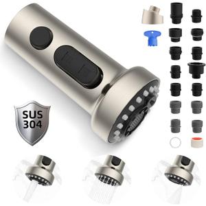 Hibbent Stainless Steels Pull Down Kitchen Faucet Head Replacement, 3 Function Sink Faucet Sprayer Head with 15 Adapters, Compatible with Moen, American Standard, Delta, Kohler Faucets, Brushed Nickel