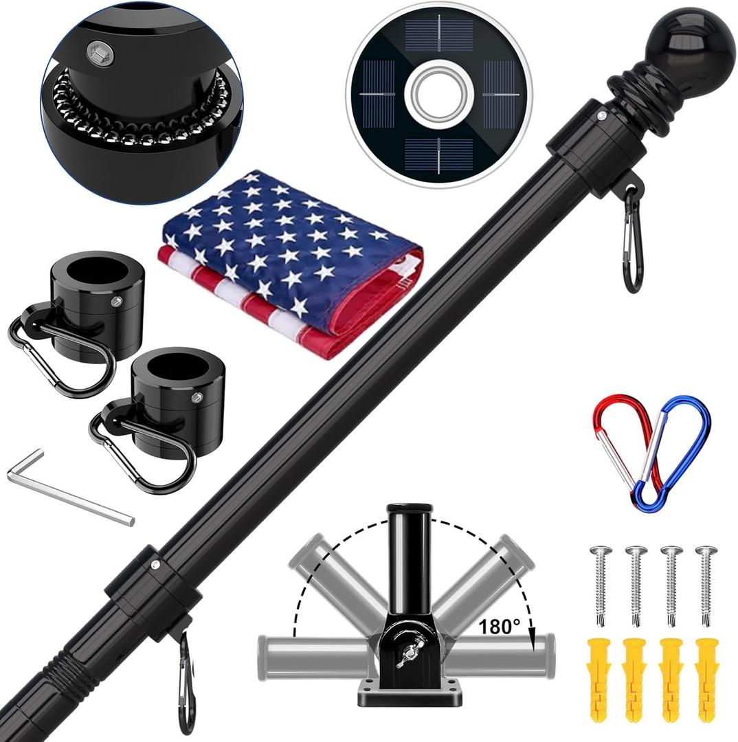 ZMTECH 5FT Flag Pole Kit with Solar Light and Embroidered American Flag, Adjustable Bracket and Upgraded Tangle-Free Ring 1" Stainless Steel Flagpole for Day and Night, Residential, Commercial, Black