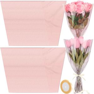Jaloro 200 Pcs Pink Flower Bags for Bouquets 17.7 x 11 Inch Mother's Day Large Plastic Flower Sleeves Bulk with Ribbon Florist Supplies for Wedding, Birthday, Spring Graduation Gift Wrapping