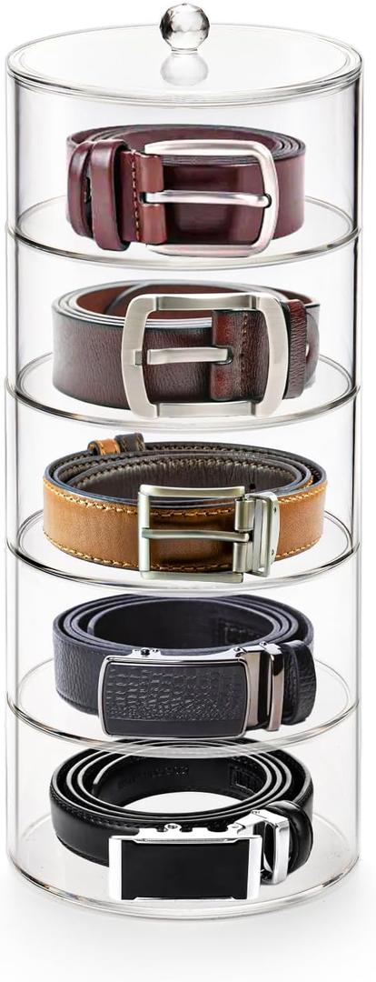ZENFUN 5 Layers Acrylic Belt Organizer, Stackable Belt Storage Box Clear Display Case Vanity Organizer for Watch, Hair Accessories, Jewelry, Closet and Drawer, 2.6" H x 5.5" Dia