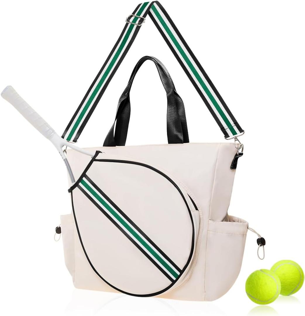 Tennis Bag for Women Racket Tote, Stylish Backpack - Unisex Racquet Sports Pickleball Bag Convertible Shoulder, Crossbody Strap Large Compartment (Tote - Ivory/Green Stripe)
