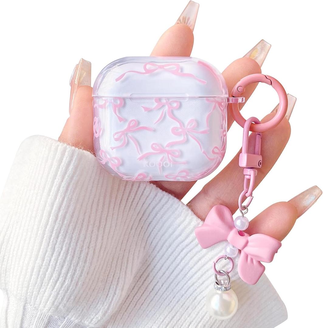 Lovmooful Compatible for AirPods 3rd Case Cute Clear Ribbon Bowknot with Lovely Pearl Chain Design for Women Girls Soft TPU Shockproof Protective Cover Case for Airpods 3 - Pink