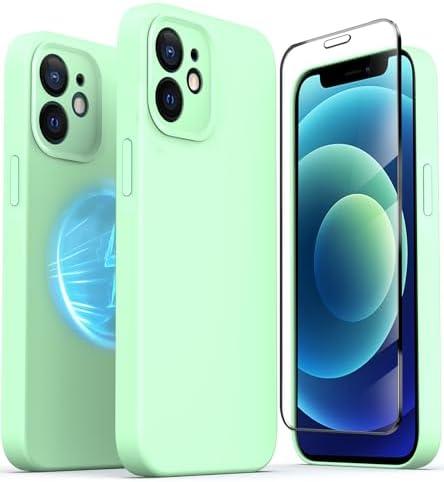 TZGZT Camera Protection for iPhone 12 Phone Case, [fits MagSafe Accessories] Magnetic Protective Cover with 2X Screen Protector, Women Case for iPhone 12, Silicone Green#1 2 Pack