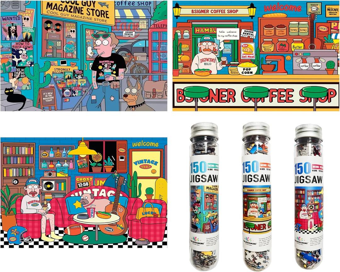 KALEIDOMINI150 Pieces Small Jigsaw Puzzles for AdultsIllustration Series Puzzle，6 x 4 Inches,3 Packs， Mini Jigsaw Puzzles Challenging Puzzles Small Puzzles Micro Puzzels Tiny Puzzle