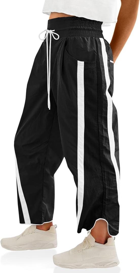 Womens Pants Baggy Wide Leg Casual Workout Elastic Waisted Stripes Track Pockets Y2K Barrel Trendy