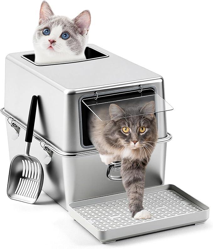 Maxdot Stainless Steel Litter Box with Lid, XL Large Enclosed Metal Cat Litter Box with Scoop and Mat, Front Entry Top Exit, Odor Control, Non-Sticky, Easy to Clean, 23.6 x 15.7 x 15.7 Inches