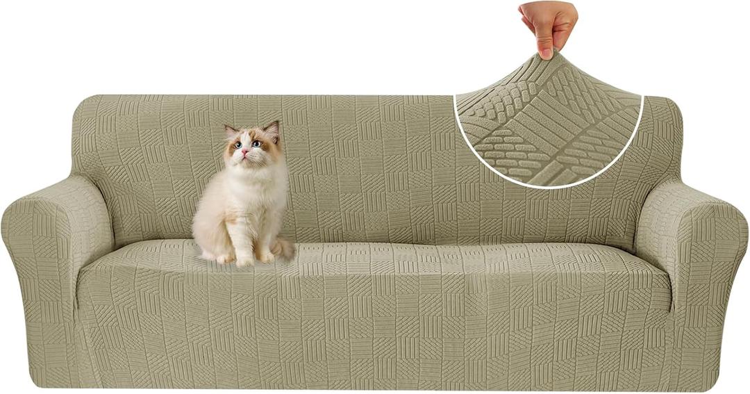 Stretch Sofa Covers for 3 Cushion Couch, Sofa Covers for Pets Washable Sofa Protector, 3 Seat Couch Slipcover with Non-Slip Elastic Bottom for Dogs (Sofa 73"-85", Khaki)