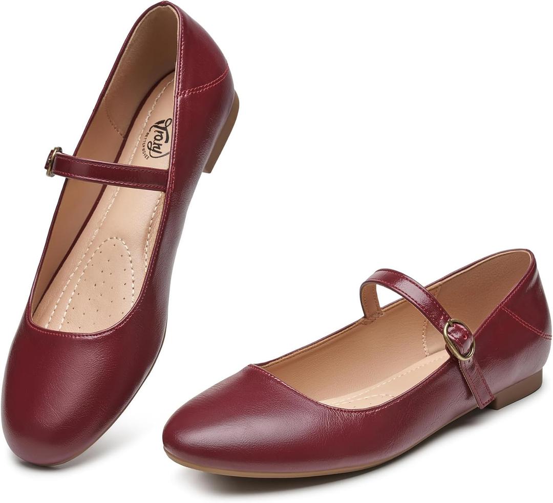 Trary Mary Jane Ballet Flats, Black Flats for Women, Ankle Strap Dressy Comfortable Flats (9, Burgundy)