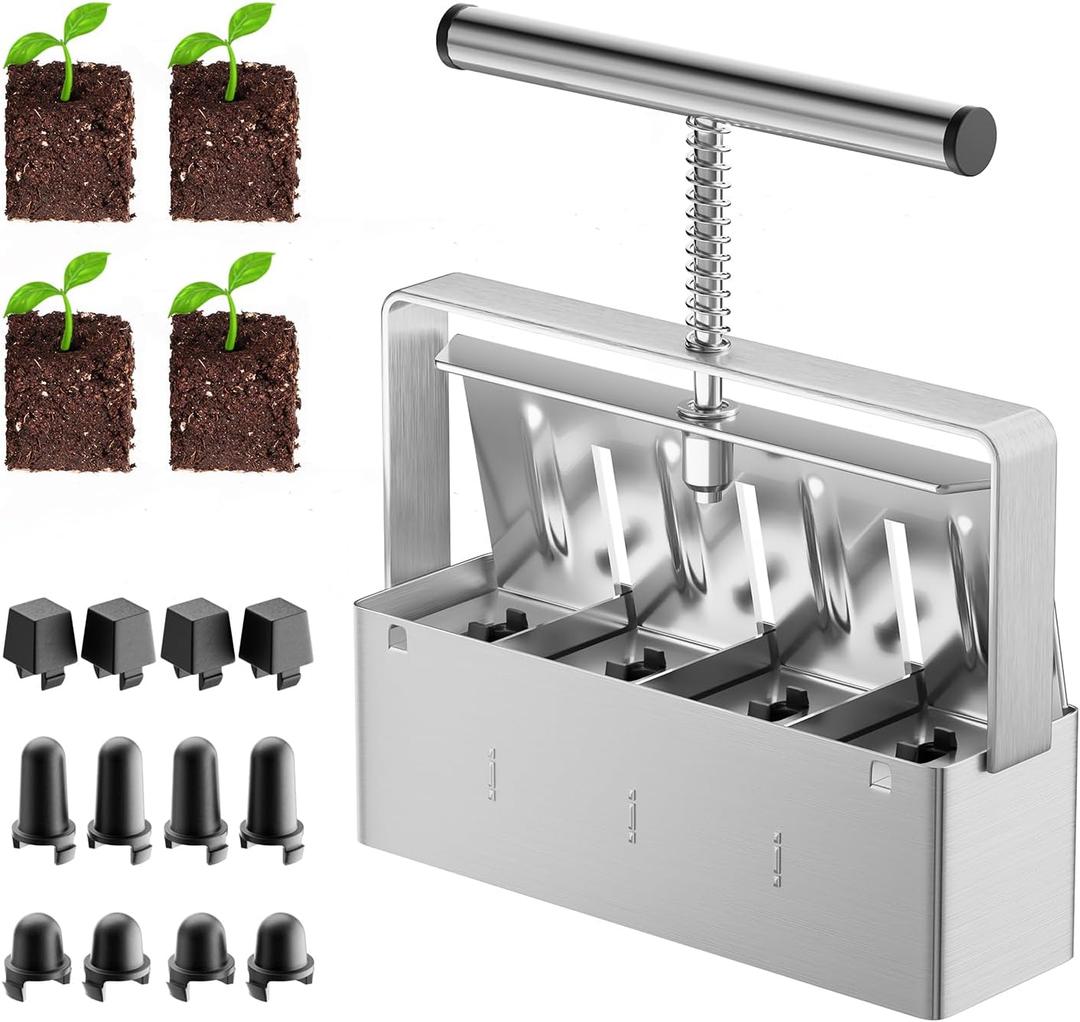 NVRGIUP Soil Blocker, 4 Cell Soil Block Maker 2 Inch with 3 Sizes Seed Pins, Seed Handheld Block Maker with Comfortable Handle, Garden Blocking Tools for Seedings, Cuttings, Greenhouses