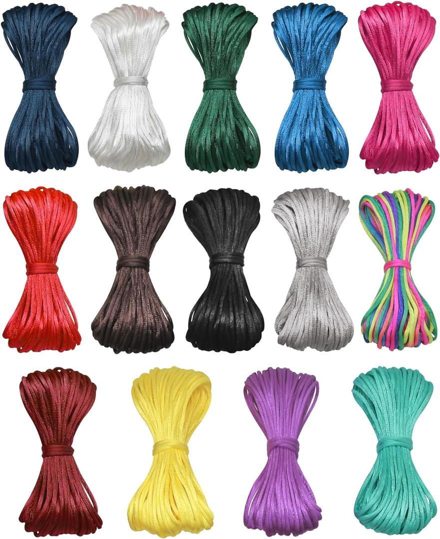 2mm Satin Nylon Trim Cord, Rattail Silk Cord,14 Bundles 140 Yards Assorted Colors Nylon String for Necklace Bracelet Beading Jewelry Making String Trim Cord, Chinese Knot, Kumihimo Rattail