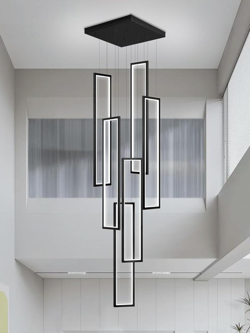 Flashing God Modern Chandelier,Black Chandelier with 6 Ring Led Foyer Chandeliers,Larger High Ceiling Chandelier for Living Room,Square Chandelier for Entryway Staircase LED Dimming 2700k-6000k