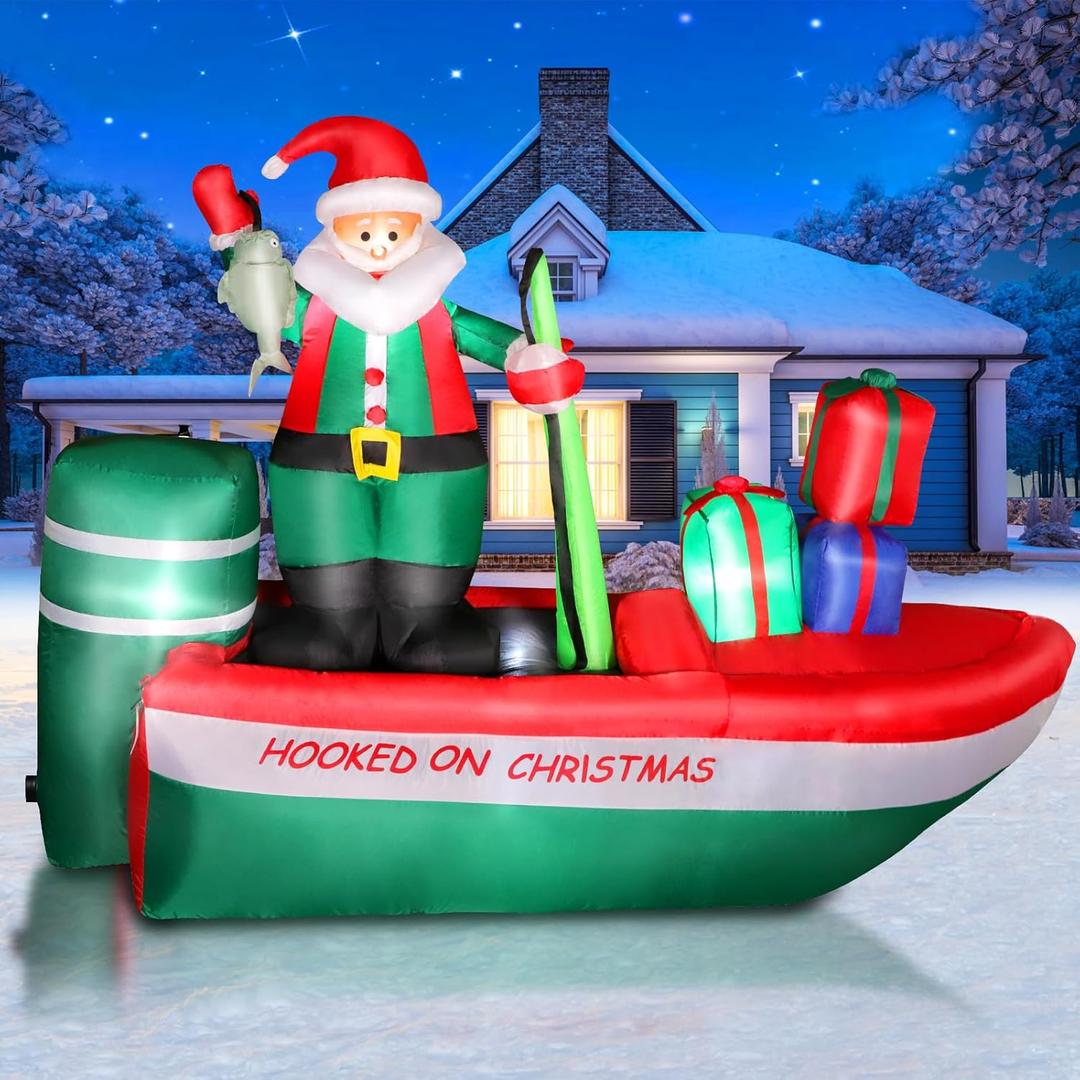 8FT Christmas Inflatables Santa Claus Fishing on a Boat with Colorful Gift Boxes, Giant Blow Up Santa Outdoor Decorations with Built-in Lights for Yard Lawn Garden Xmas Party Holiday Decor