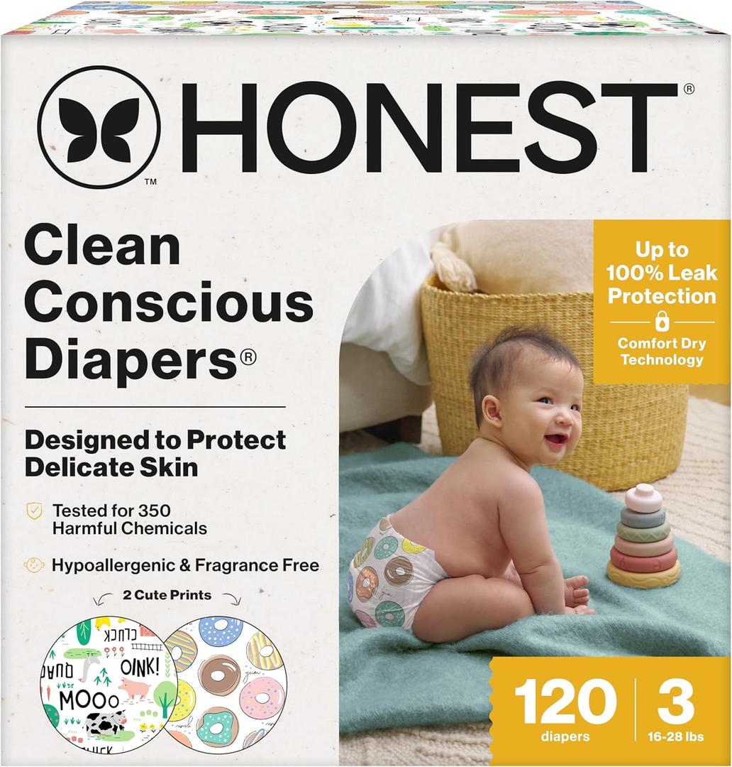 The Honest Company Clean Conscious Diapers for Sensitive Skin, Up to 100% Leakproof Hypoallergenic Fragrance-Free Baby Diapers, Gender Neutral Prints, Super Club Box, Size 3 (1628 lbs), 120 Count (Barnyard Babies + Donut Grow Up)