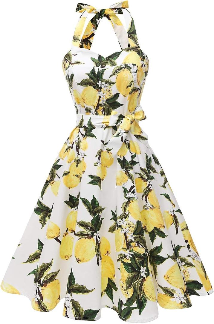 Topdress Women'sVintage Polka Audrey Dress 1950s Halter Retro Cocktail Dress (Medium, White Lemon)
