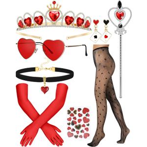 Remuuly 9 Pcs Queen Halloween Costume Accessories Crown Red Heart Sunglasses Black Choker Tattoo Stickers Earrings Long Satin Gloves High Waist Fishnet Tights Gem Scepter for Women
