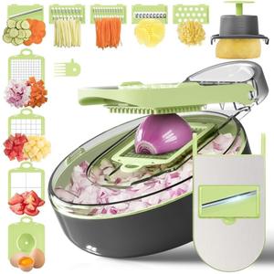 KEOUKE Vegetable Chopper Cutter 13 in 1 Veggie Chopper Slicer Dicer Pro Onion Chopper Food Chopper with Container and Hand Guard, 9 Blades (Round Grey)
