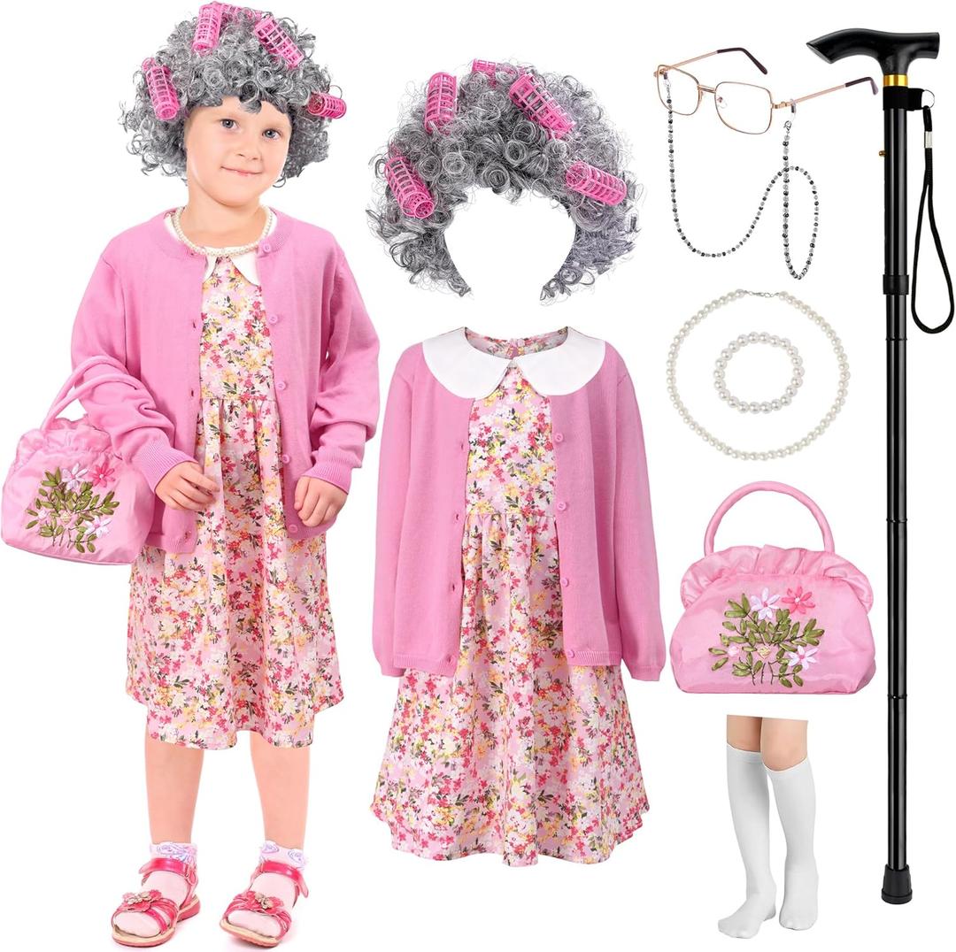 Zivyes Old Lady Costume 100 Days of School Costumes Granny Wig Glasses Necklace Grandma Dress Up Accessories(Pink, L)