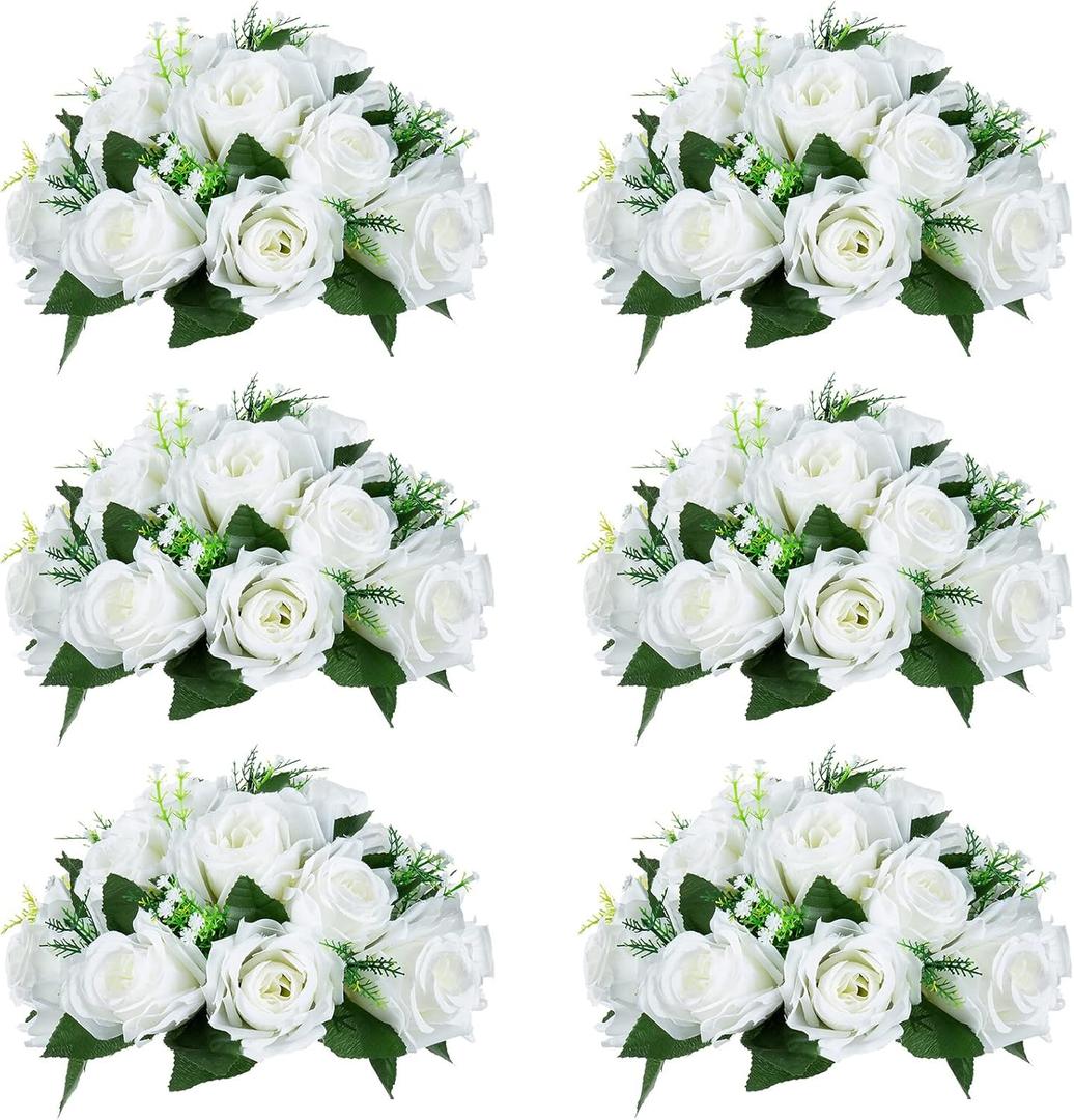 NUPTIO Pcs of 6 Fake Flower Ball Arrangement Bouquet,15 Heads Plastic Roses with Base, Suitable for Our Store's Wedding Centerpiece Flower Rack for Parties Valentine's Day Home Dcor (Pure White) (6 Pcs)