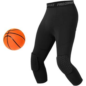 Unlimit Basketball Pants with Knee Pads, Black Knee Pads Compression Pants, 3/4 Capri Leggings (Medium)