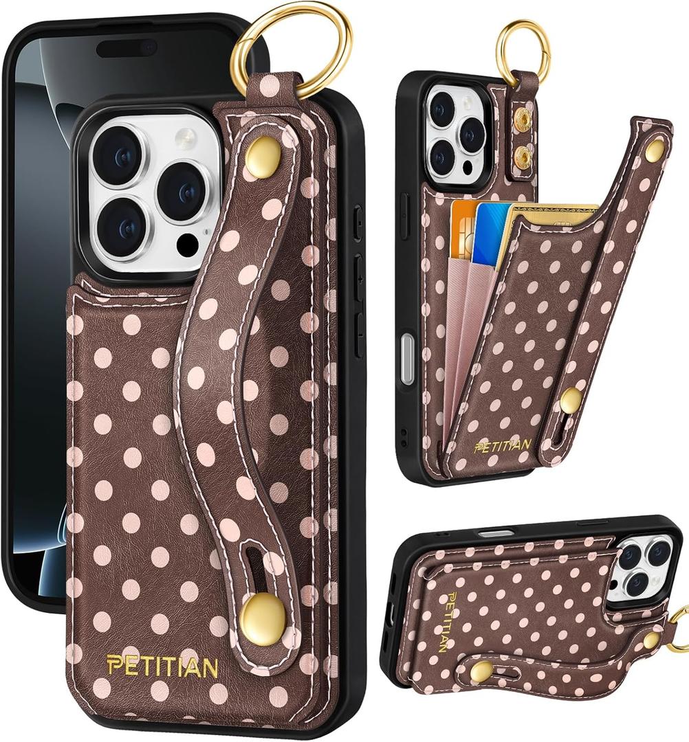 Petitian for iPhone 16 Pro Wallet Case - Women Girls Cute Girly Aesthetic Unique Design Leather Credit Card Holder Phone Cover Stand Wristband for iPhone 16 Pro, Brown Polka