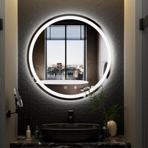 32" Round LED Bathroom Mirror, Dimmable, Anti-Fog, Wall Mounted, Modern Style, Frameless, Glass with Frosted Edge