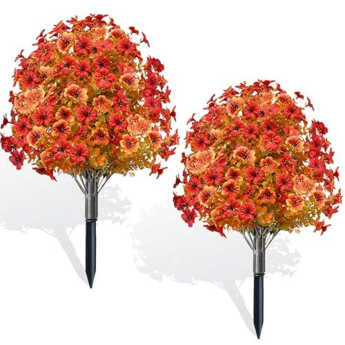 1 Pack Fall Artificial Mums Topiary Ball Tree with Ground Spike Boxwood 25" UV Resistant Fake Greenery Shrub Faux Violet Plant Fall Decorations Flower for Garden Yard Porch Patio Autumn Outdoor Decor