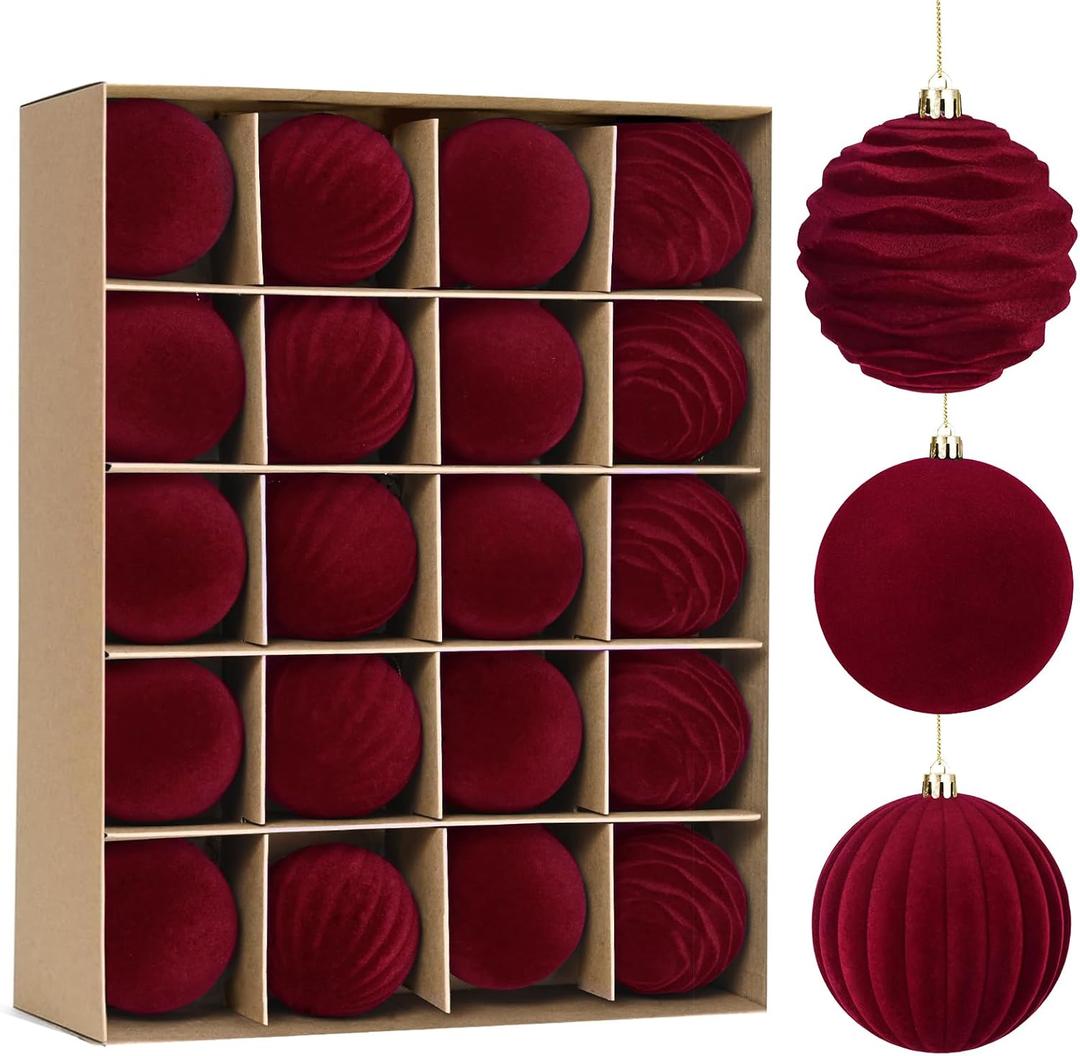 Waipfaru 20Pcs Velvet Ornaments for Christmas Tree, 2.36 Inch Burgundy Red Velvet Christmas Ornaments Balls Set, Shatterproof Flocked Hanging Ornament for Xmas Tree Wreath Garland Home Decor
