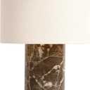 YMXYJM Marble Table Lamp, Rechargeable Cordless Bedside Lamp with Touch Control & Stepless Dimming, Linen Shade Decorative Lamp for Bedroom, Living Room, Nightstand & Bookshelf, Dark Brown
