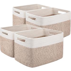 OIAHOMY 4 Pack Storage Baskets for Organizing, Basket for Shelves with Handle, Woven Baskets for Storage Toys, Towels, Books, Cotton Rope Basket 13" L x 9 " W x 7.8 " H, Brown & White