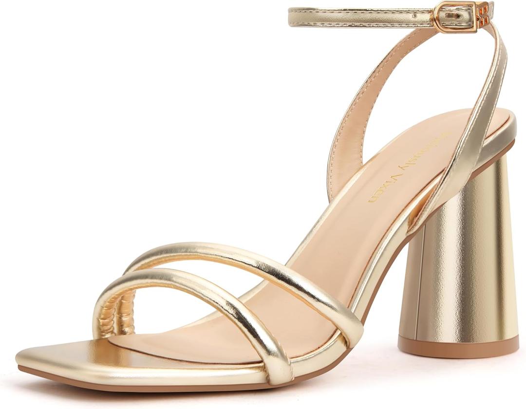 Women's Block High Heels Square Toe Heeled Sandals Ankle Strap Shoes, 6