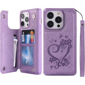 iCoverCase Compatible with iPhone 14 Pro Max Wallet Phone Case with Card Holder for Women, RFID Blocking Embossed PU Leather Wrist Strap Case 6.7 Inch (Heart Purple)