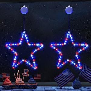 BlcTec 4th of July Decorations, Only 1  Pack Patriotic Red White Blue Star Window Lights with Suction Cups, Timer, Battery Operated Durable Metal Frame Silhouette Lights for July 4th Window Wall Decorations