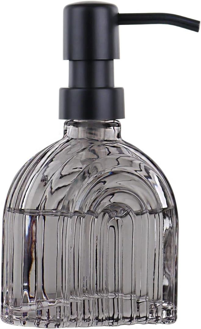 Glass Soap Dispenser for Kitchen and Bathroom Contertop Wash Hand Liquid, Dish Detergent, Farmhouse Style Shampoo Lotion Pump (1, Grey Glass with Black, 4" x 2"x 6-5/8")