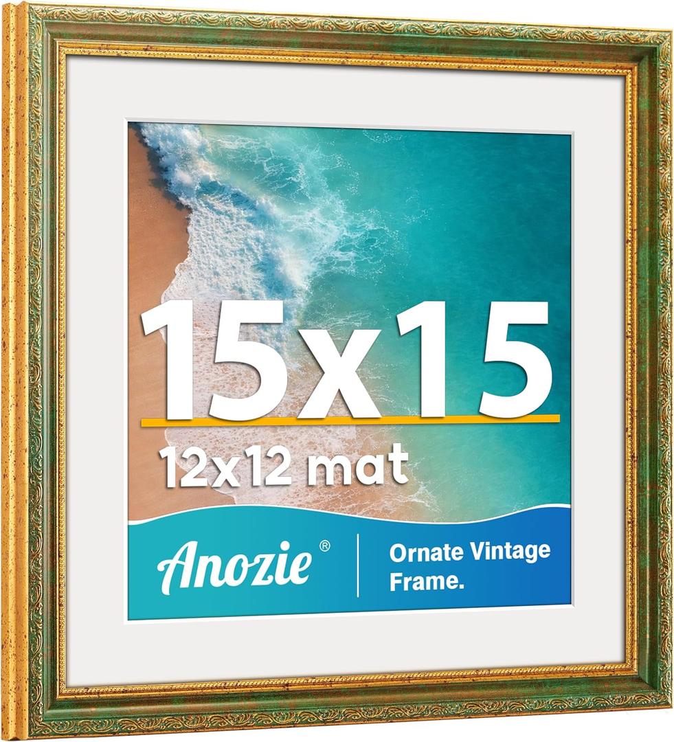 Vintage 15x15 Frame, Antique Gold Photo Frames with Plexiglass Front, Ornate Square 15x15 Picture Frame Display 12x12 with Mat or 15 x 15 Frame Without, Wall Décor,1 Pack, Green