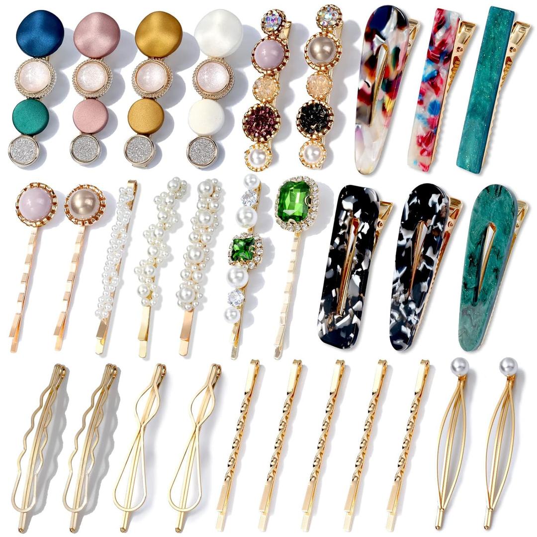 30 Pcs Acrylic Resin Barrettes, Cridoz Barrettes and Pearl Hair Clips for Women, Banges Hair Accessories
