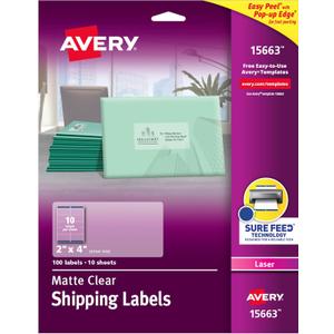 Avery Printable Shipping Labels with Sure Feed, 2" x 4", Matte Clear, 100 Blank Mailing Labels (15663) (2 in. X 4 in.)