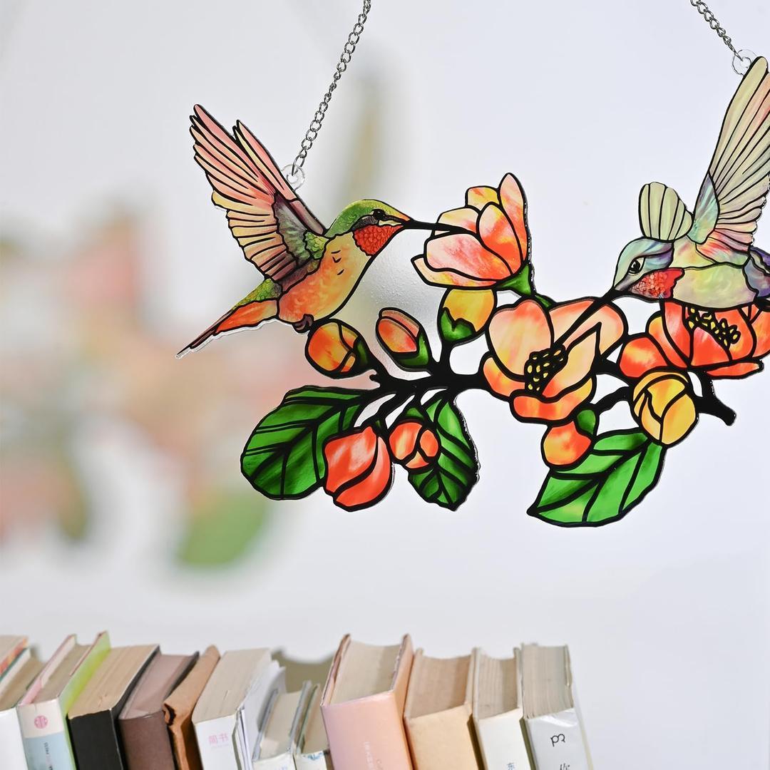 Hummingbird Stained Glass Handmade Hanging Decor, Sun and Light Catchers for Windows Colorful Stars Panel with Metal Chain, Great Gifts Idea for Women 14 * 11 inches